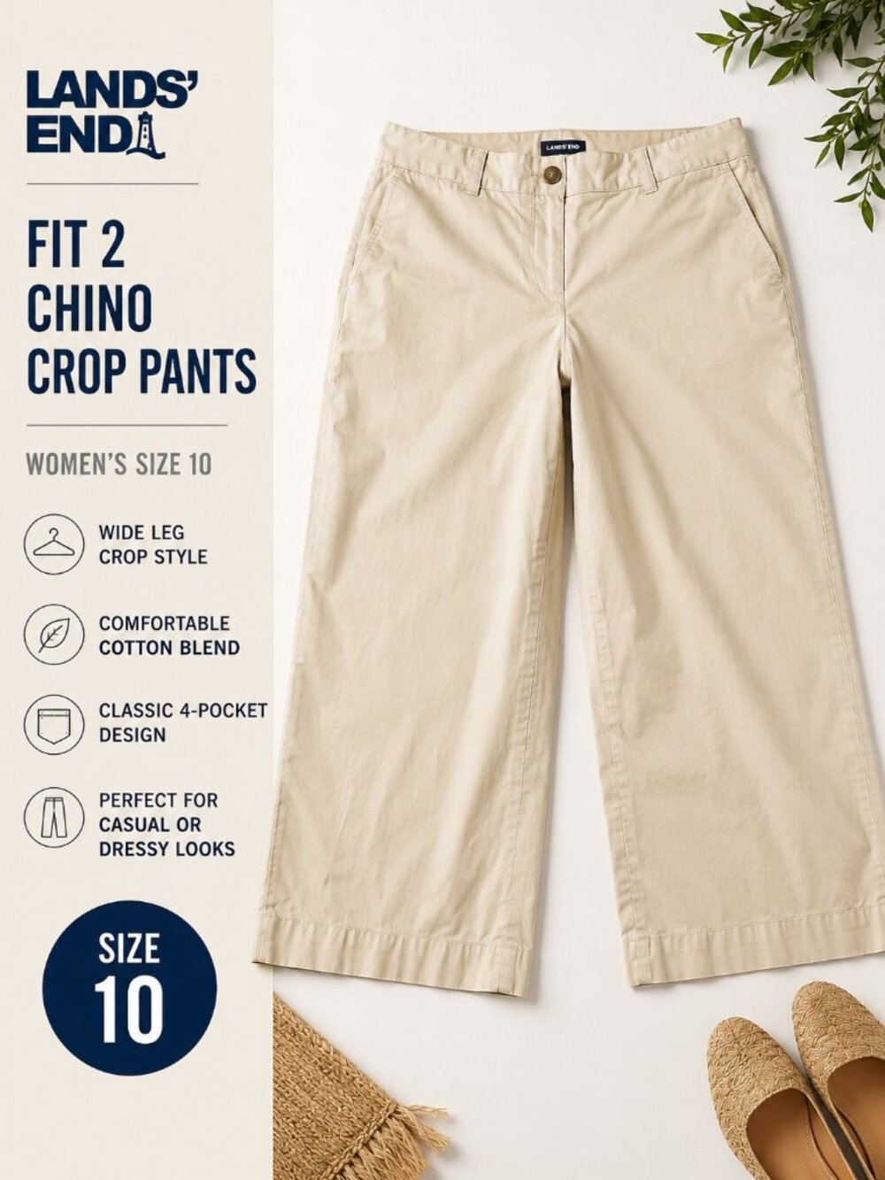 Lands’ End Fit 2 Chino Crop Pants Women’s Size 10 Wide Leg